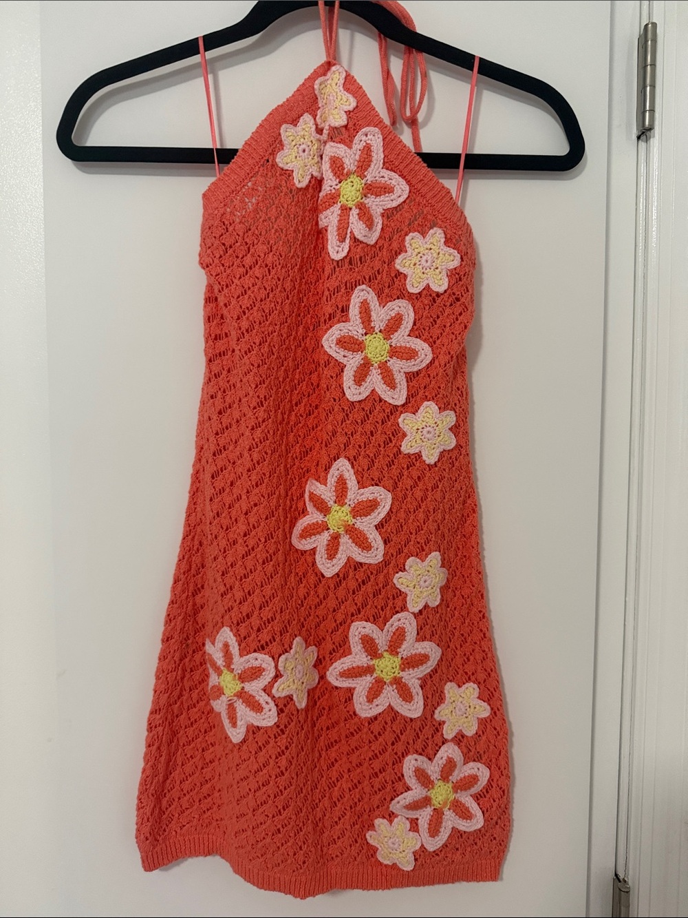 Altar'd State Coral Crochet Halter Dress with Floral Appliqués